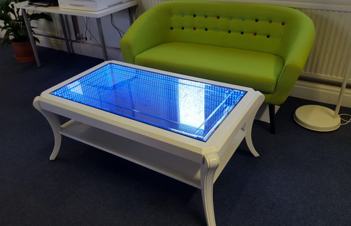 Table showing blue LEDs